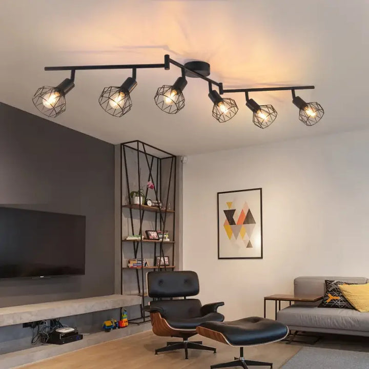 Plafonnier Noir Industriel À 6 Spots Orientables En Métal

