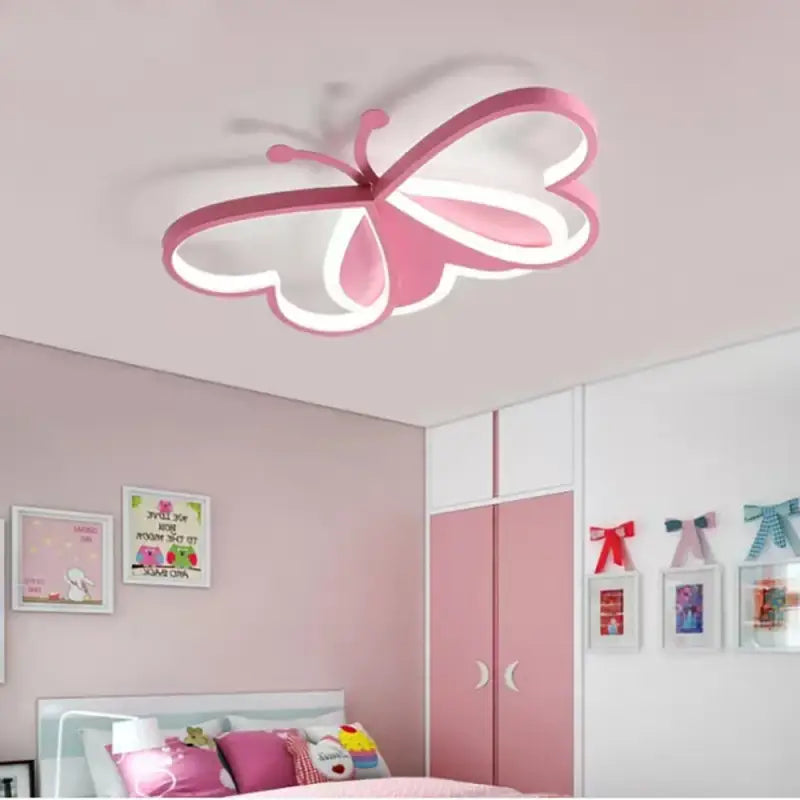 Modern LED Butterfly Ceiling Light, 80W, Pink Aluminum & Acrylic, Three Color Dimming, Flush Mounted for Living Room or