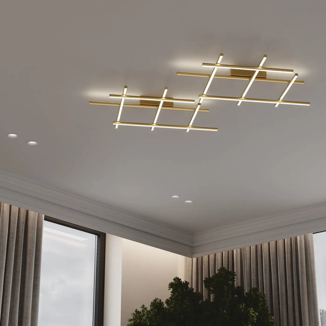 Plafonnier radiance branches dorées avec led intégrée en métal doré moderne à barreaux géométriques entrecroisés