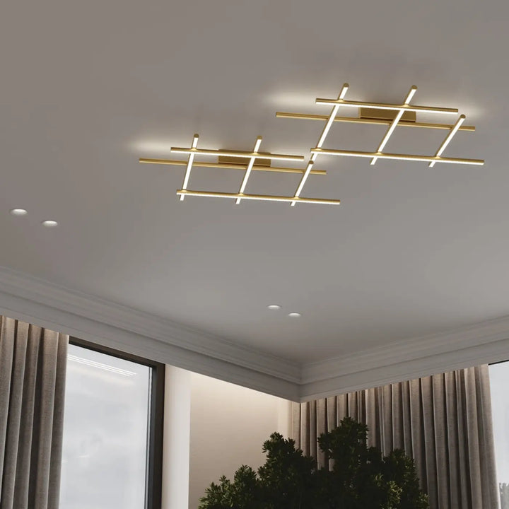 Plafonnier radiance branches dorées avec led intégrée en métal doré moderne à barreaux géométriques entrecroisés