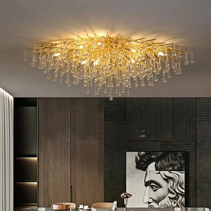 Plafonnier raffiné ramora en branchages dorés avec cristaux suspendus élégants pour un éclairage décoratif