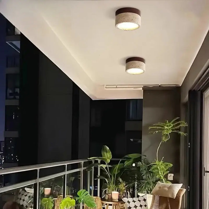 Plafonnier rond en bois et en pierre design scandinave et moderne