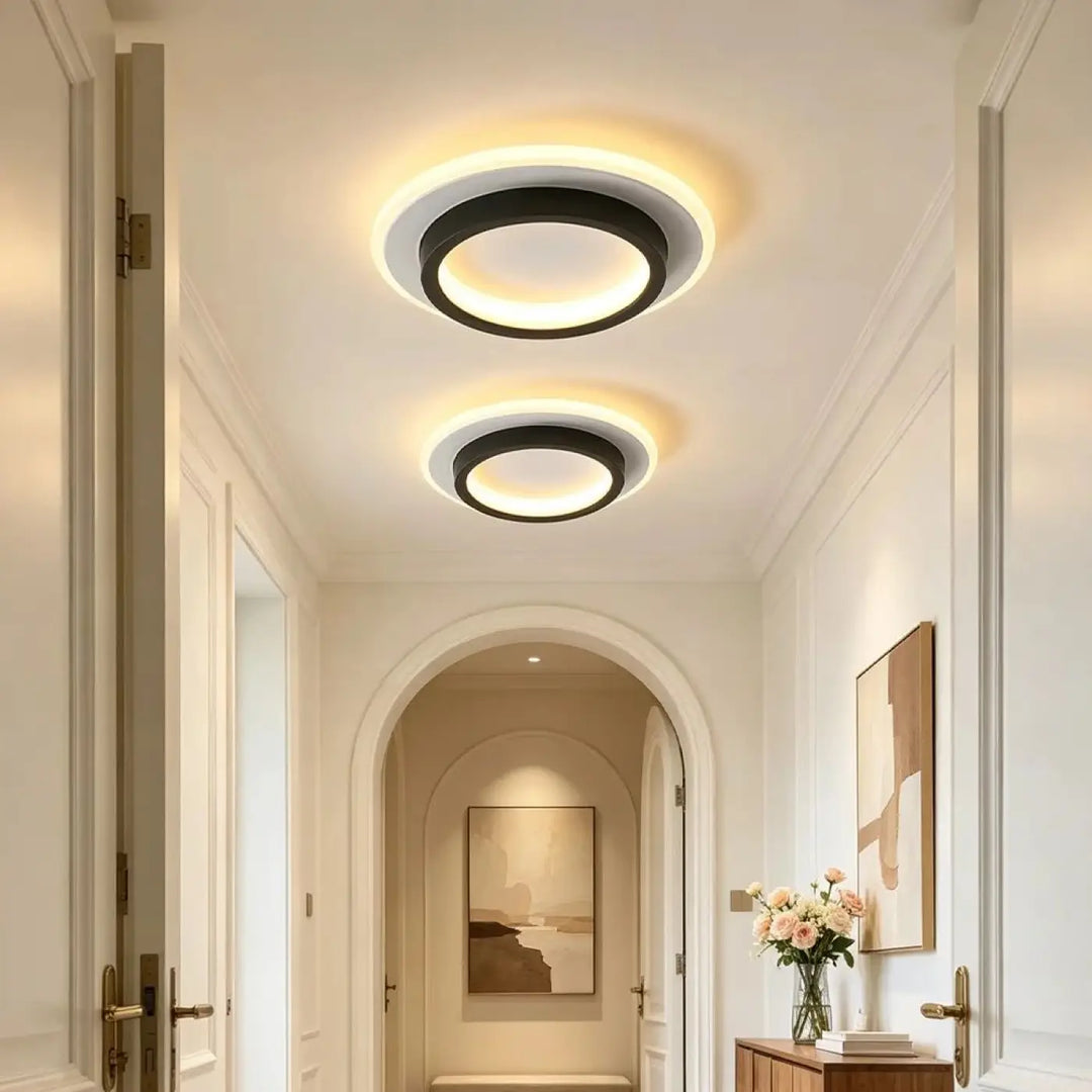 Luminaire plafonnier roderne rond led avec design épuré et lumière douce à anneau extérieur noir et éclairage blanc chaud