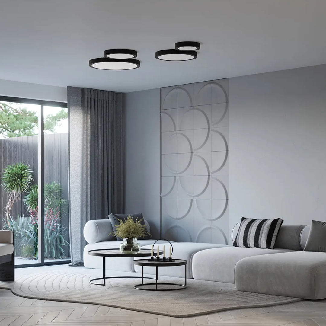 Luminaire plafonnier onyx 50 noir avec éclairage led 3000k et design minimaliste pour plafond rond aux couleurs intemporelles