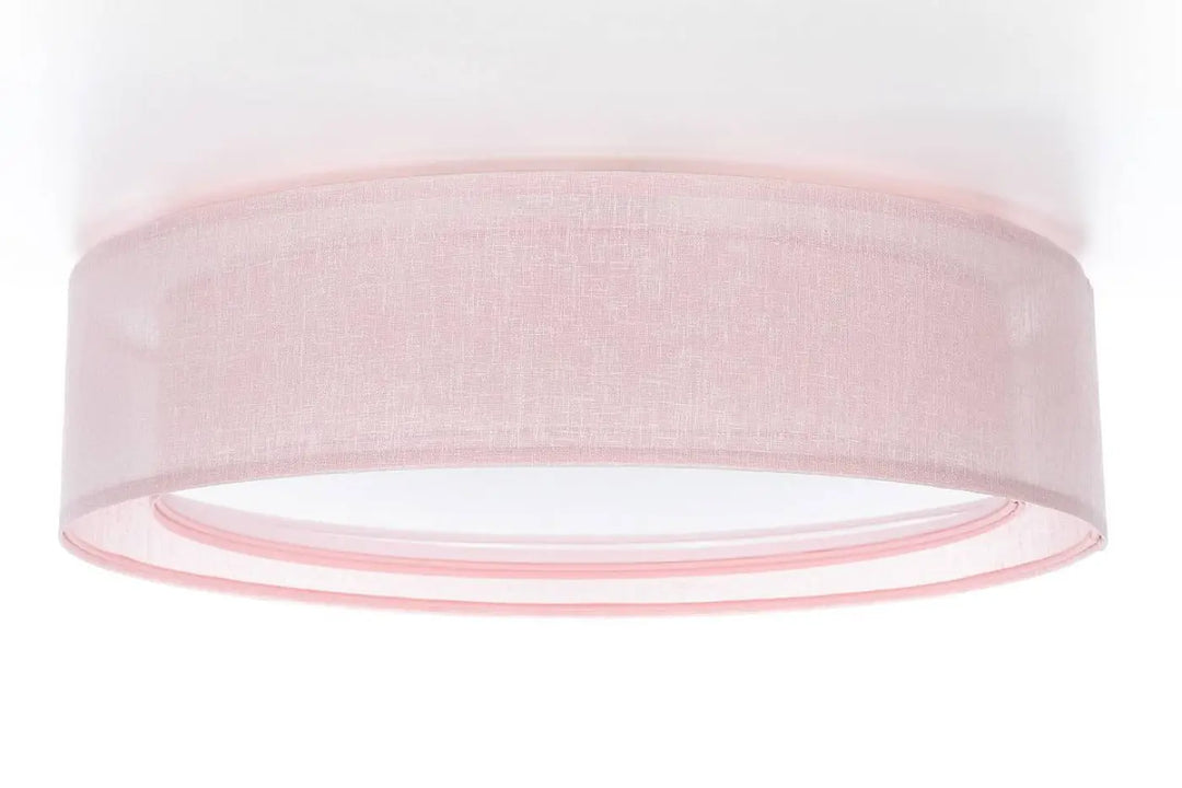 Plafonnier rond rose clair en lin avec tissage texturé subtil et bords arrondis pour un éclairage élégant