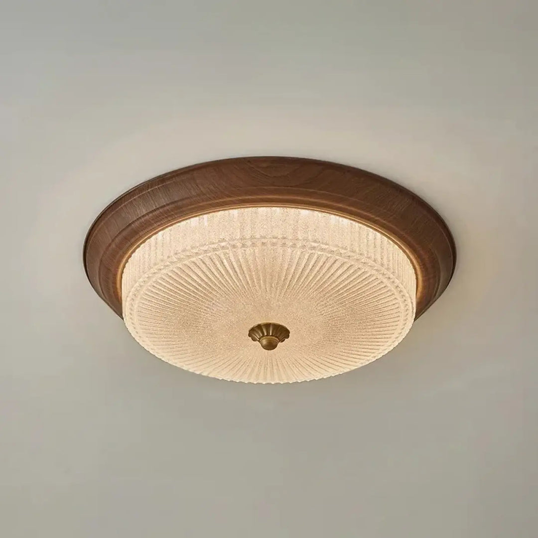 Plafonnier rond en verre texturé et finition bois naturelle
