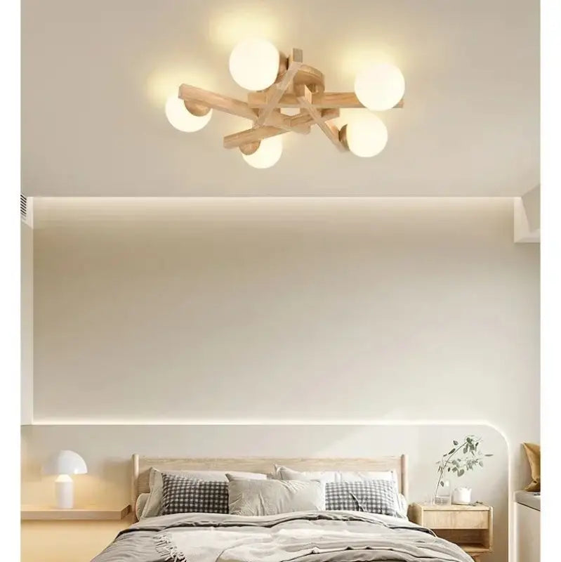 Plafonnier scandinave en bois avec globes style naturel