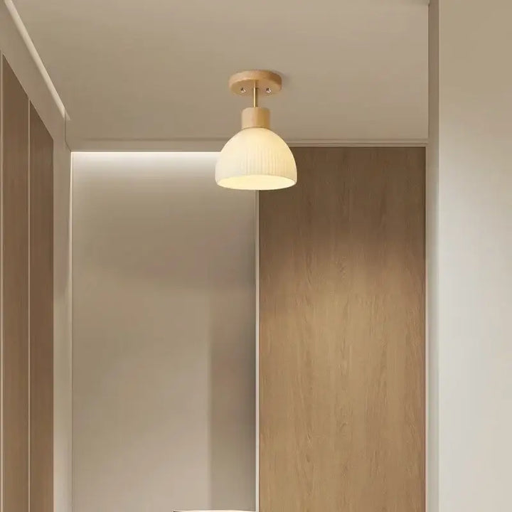 Plafonnier Scandinave Bois Et Verre Blanc Opalin

