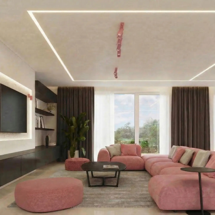 Plafonnier Ring rose à rampe de spots orientables dans un intérieur contemporain