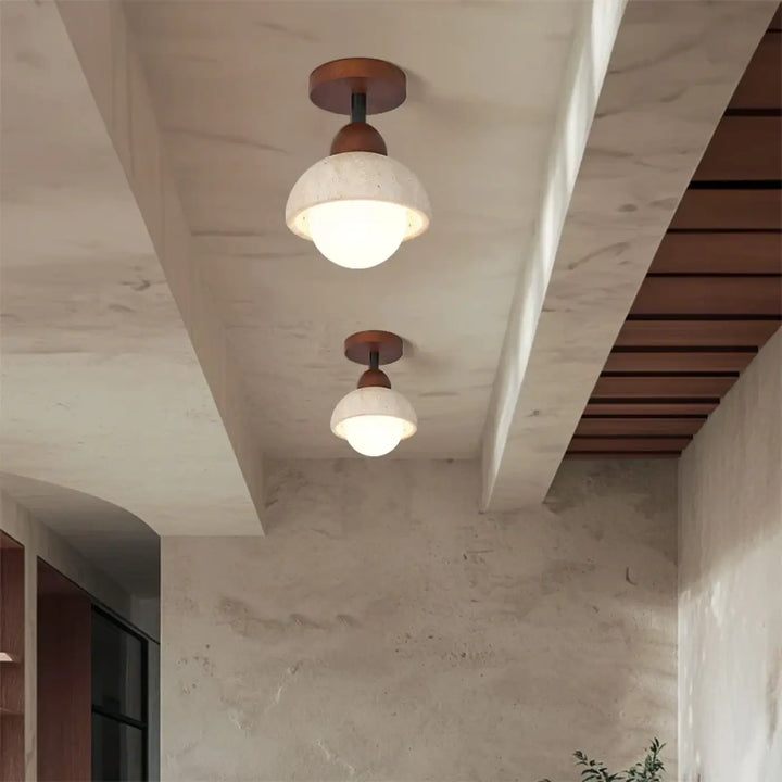Plafonnier en travertin avec finition en bois design élégant