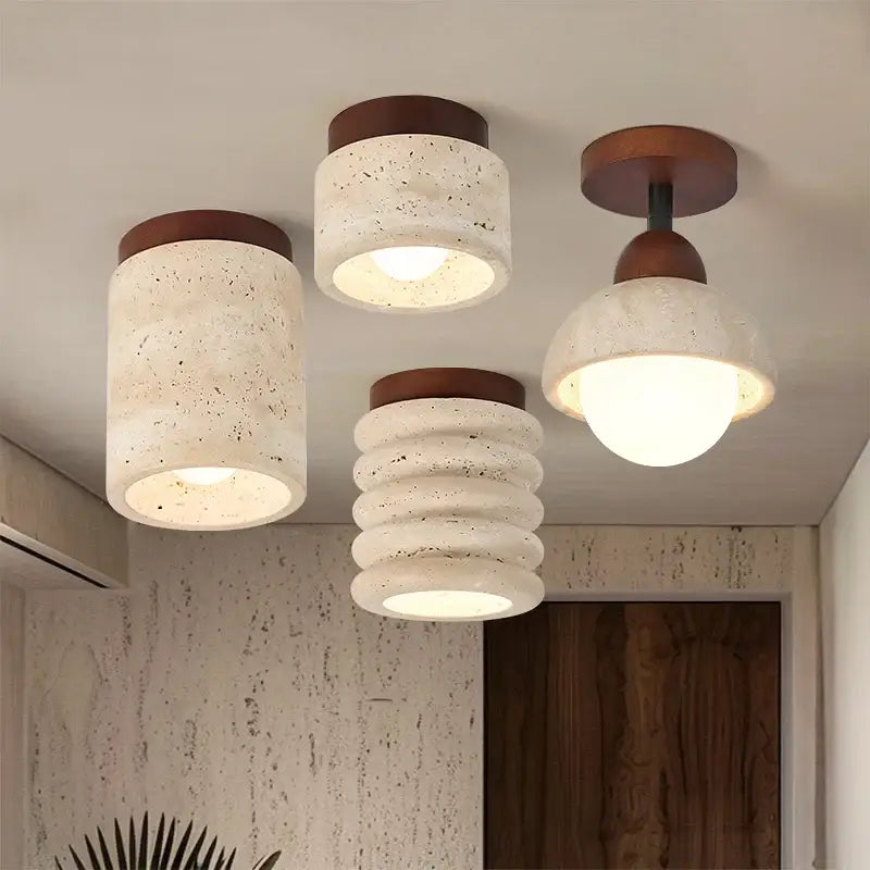 Plafonnier en travertin avec finition en bois design élégant