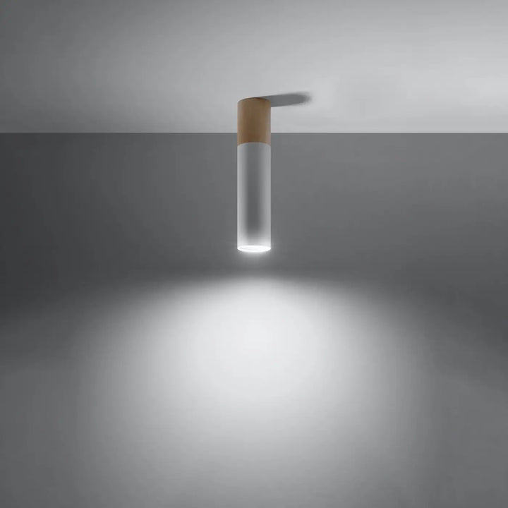 Luminaire plafonnier minimaliste avec tube dacier blanc et bois naturel émettant une lumière blanche douce