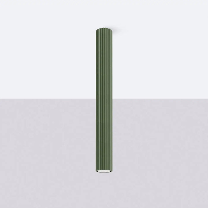 Plafonnier tube Karbon vert olive en aluminium cannelé, éteint