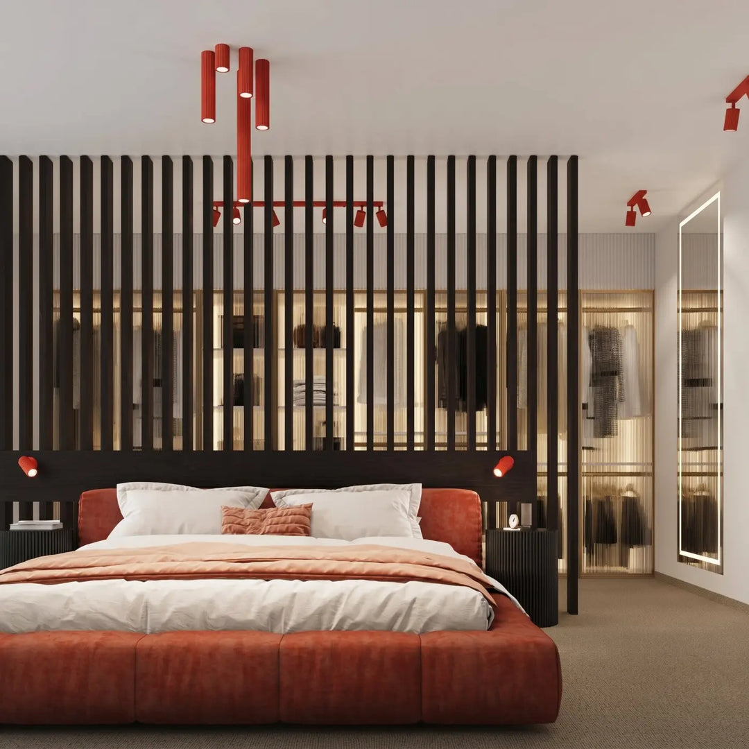 Plafonnier tube Karbon rouge dans un intérieur contemporain