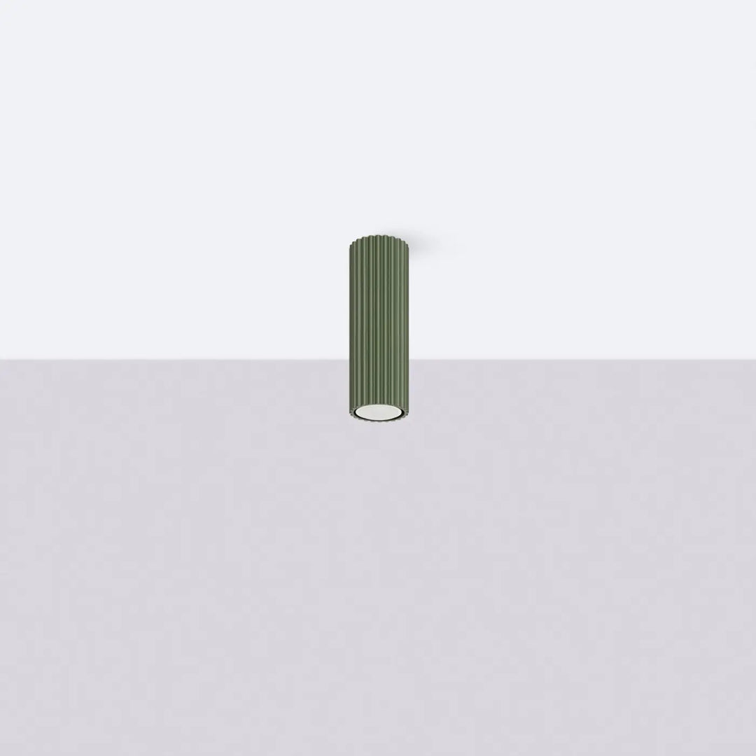 Plafonnier tube Karbon vert olive en aluminium cannelé, éteint