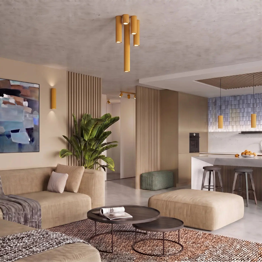 Plafonnier tube Karbon jaune dans un intérieur contemporain
