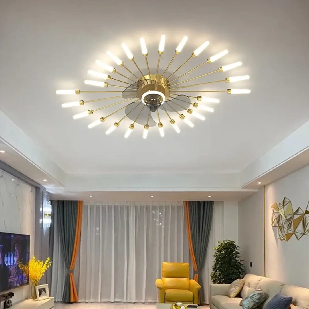 Luminaire plafonnier axiel en métal doré avec ventilateur de plafond design soleil et leds intégrées sont-elles incluses