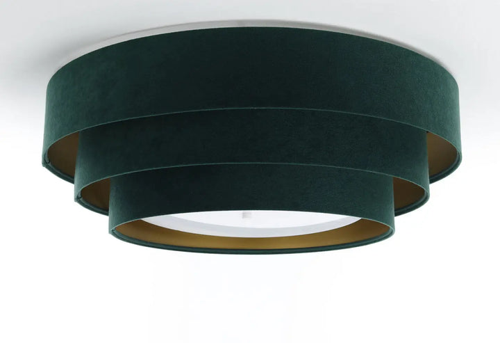 Plafonnier vert en velours sombre avec finition dorée chic aux bords intérieurs dorés en plusieurs niveaux