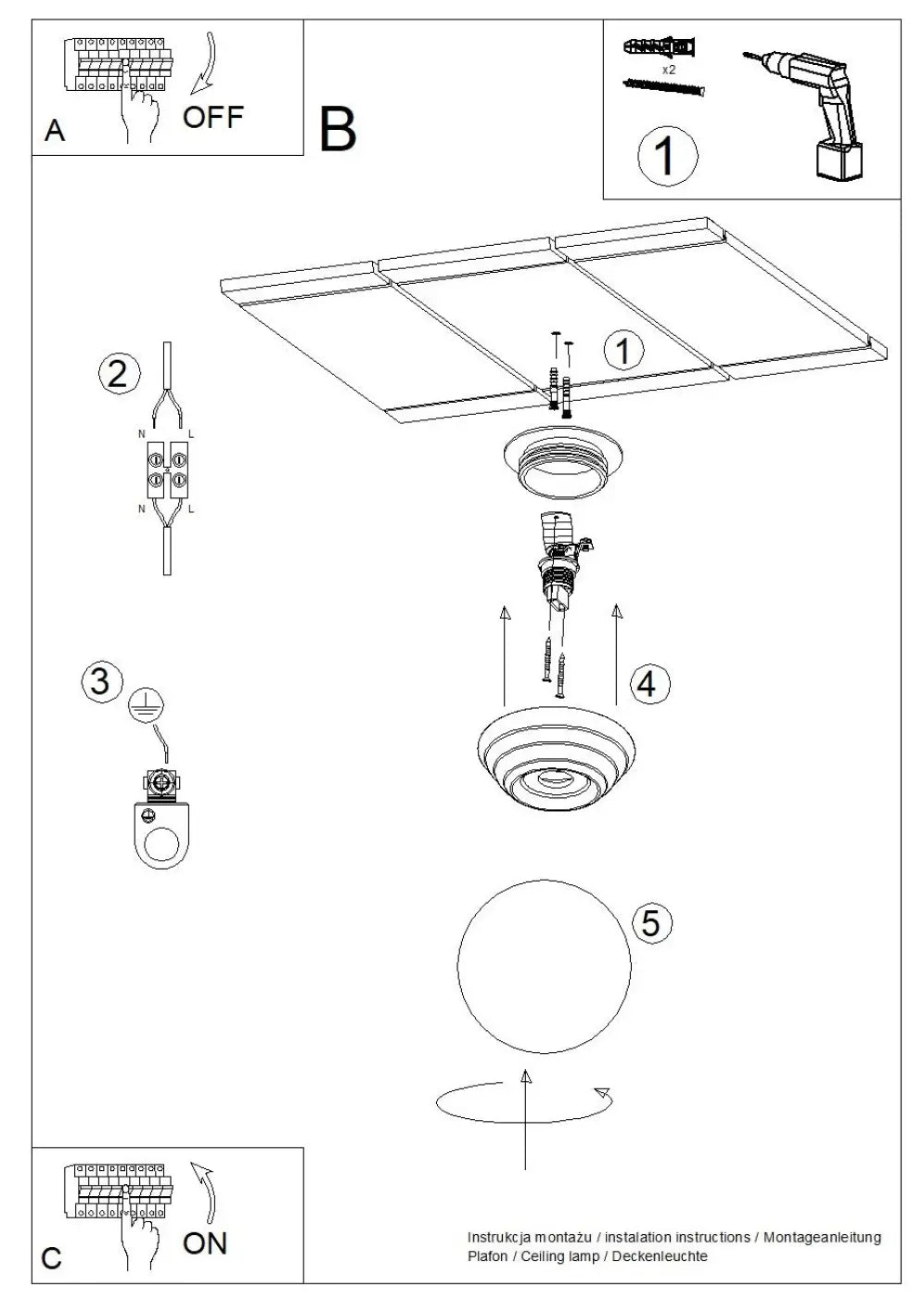 Schéma de montage du plafonnier ZORI jaune IP44 avec matériel de fixation pour une belle décoration et qualités esthétiques