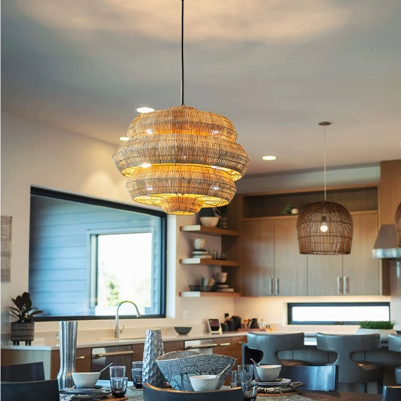 Lámpara colgante Antibes Grande 2025, lámpara colgante de mimbre japonesa para sala de estar, restaurante, dormitorio, lámpara colgante de farol tejido de ratán