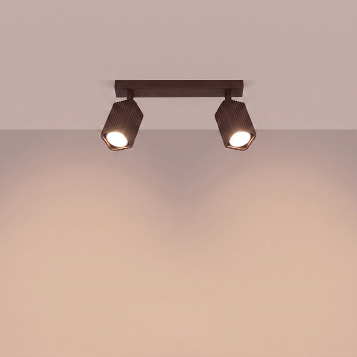 Plafonnier Rayo marron en rampe à spots orientables, allumé