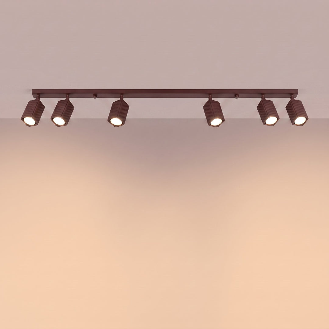Plafonnier Rayo marron en rampe à spots orientables, allumé