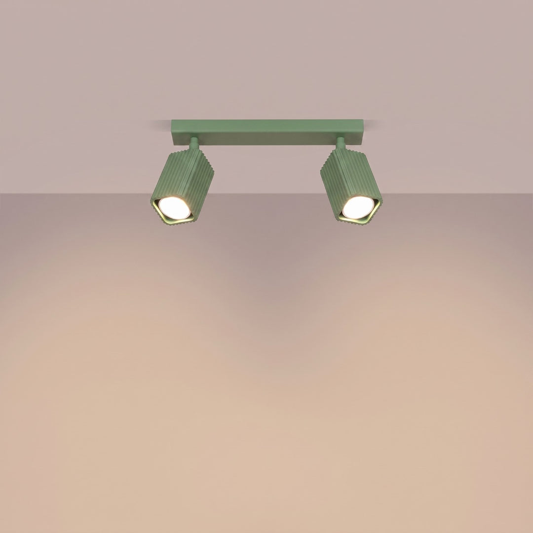 Plafonnier Rayo sauge en rampe à spots orientables, allumé