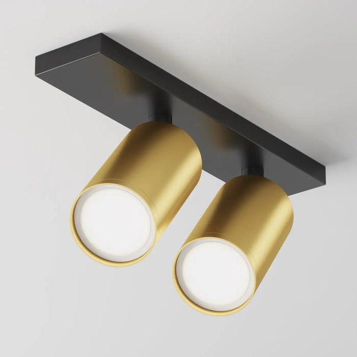 Spot double focus focus s double avec têtes orientables en laiton brossé sur longue base noire élégante de plafond