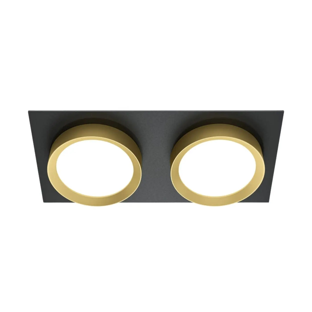 Black rectangular recessed ceiling light with two circular gold-toned fixtures spot hoop double design