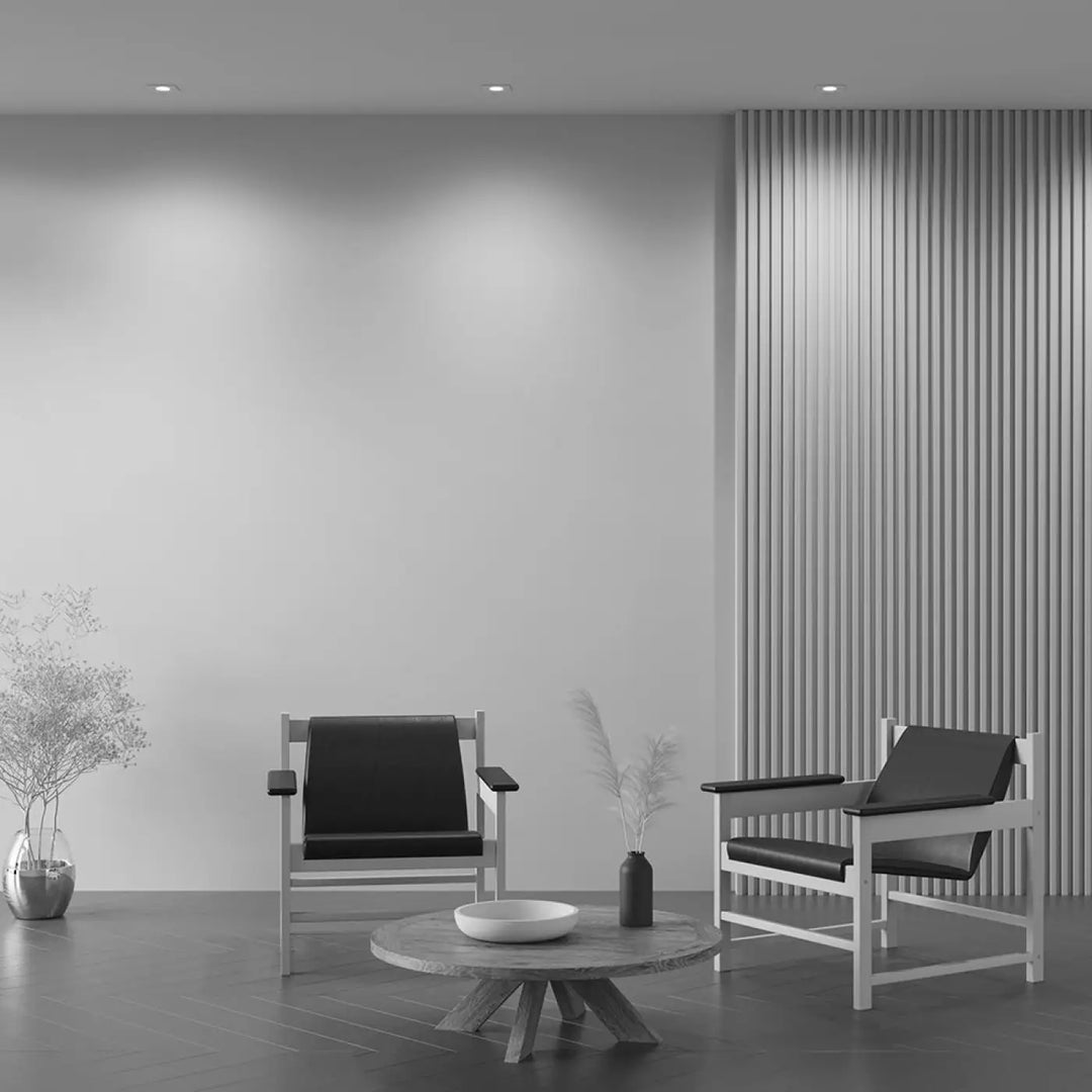 Minimalist armchairs spot atom cadre carré with white frame and black leather upholstery featuring culot gu10 design