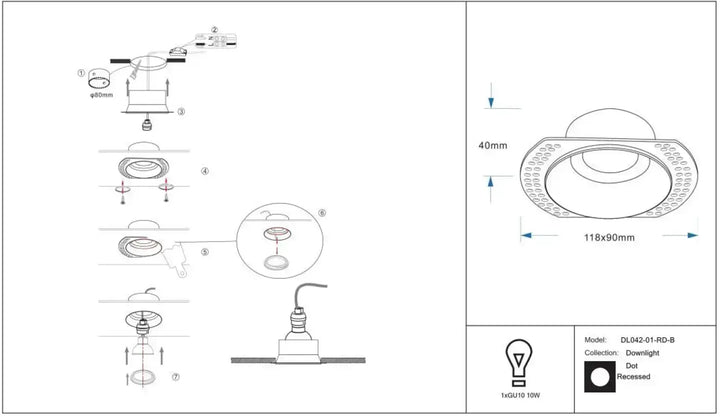 Spot encastrable dot modèle dl/42-01-rd-b avec design circulaire et leds autour du périmètre pour éclairage encastrable