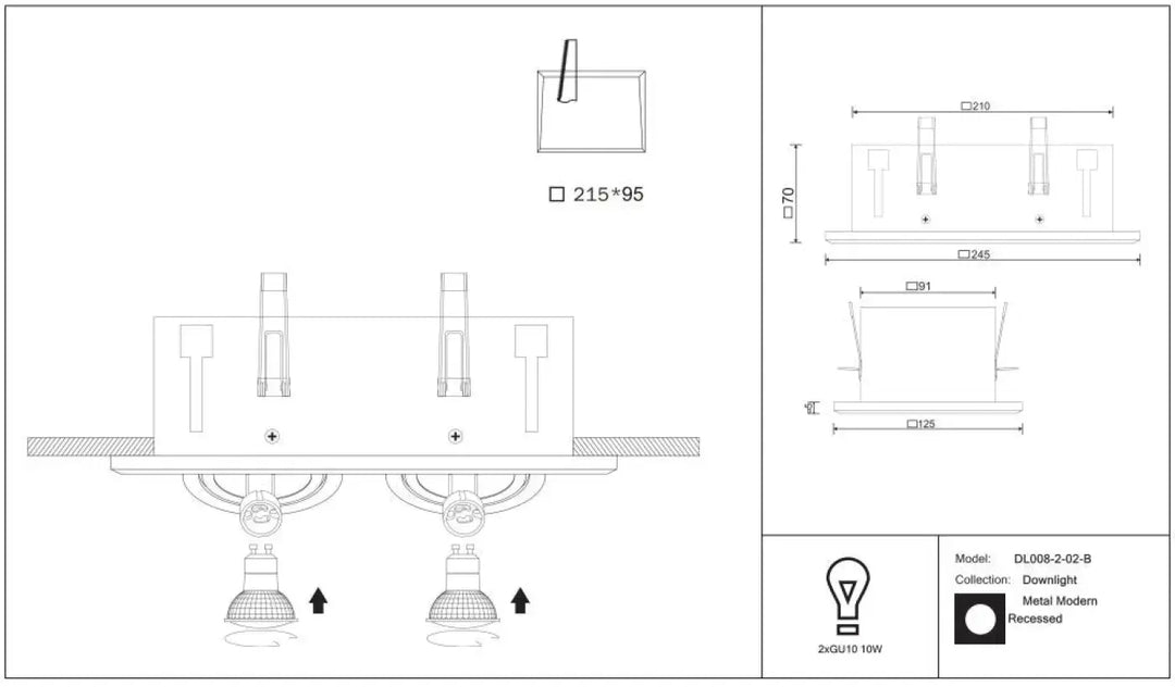 Spot metal modern double carré en métal moderne avec douille gu10 10w et design encastré minimaliste métallique