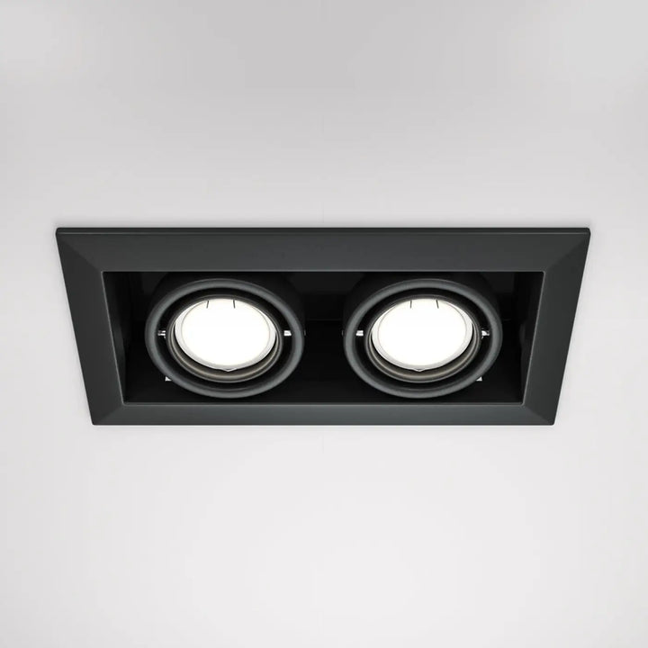 Spot metal modern double carré éclairage encastré rectangulaire noir avec deux ampoules circulaires éclairées