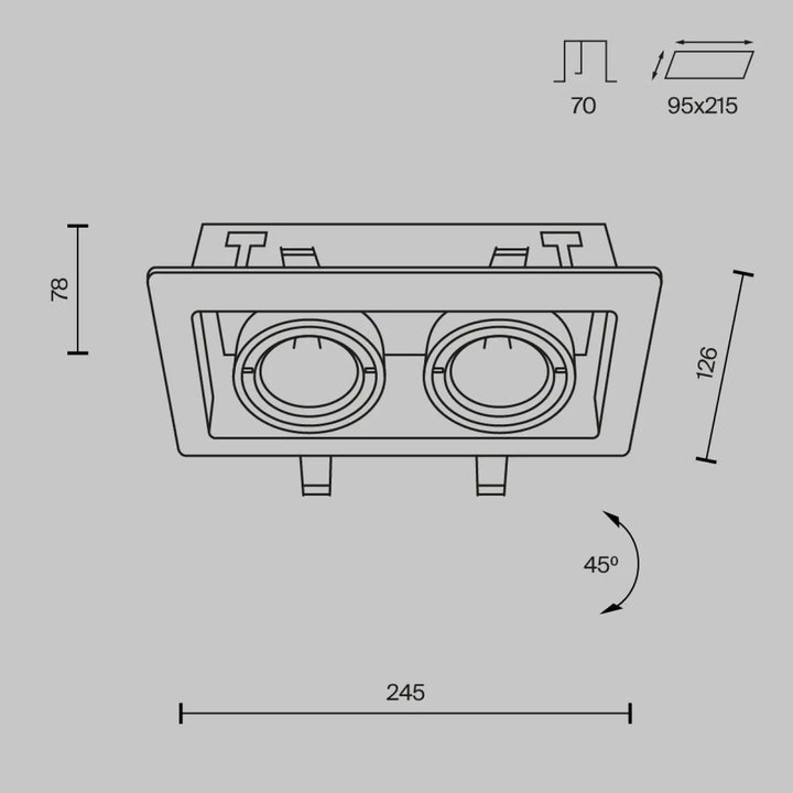 Spot metal modern double carré luminaire encastré rectangulaire en métal avec deux supports circulaires et fixations