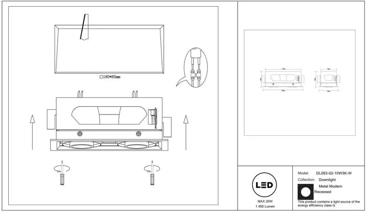 Spot metal modern double led downlight métallique encastré moderne 180mm x 55mm avec design sleek