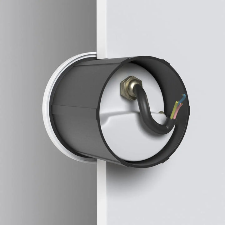 Vue arrière d une balise ronde noire et blanche avec fils électriques colorés et connecteur métallique pour spot encastrable lock led