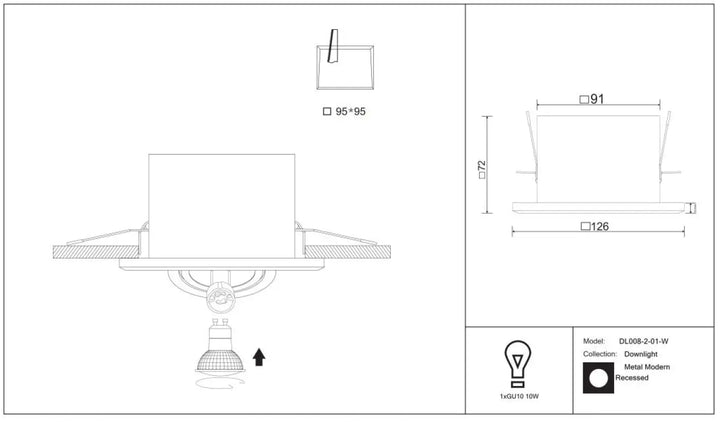 Spot metal modern carré en acier noir avec design minimaliste et dimensions 95x95 mm pour installation encastrée