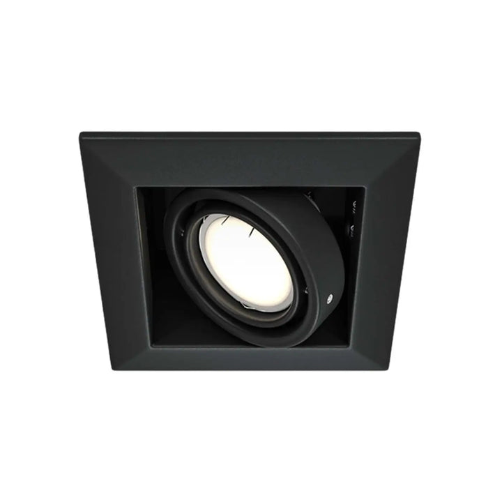 Spot metal modern carré en acier noir avec tête circulaire orientable émettant une lumière blanche chaude