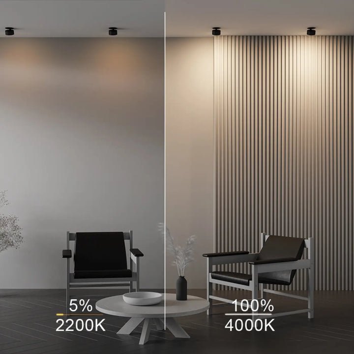 Intérieur minimaliste avec deux fauteuils noirs en cuir et cadres métalliques blancs spotlight onda led rétractable dim to warm