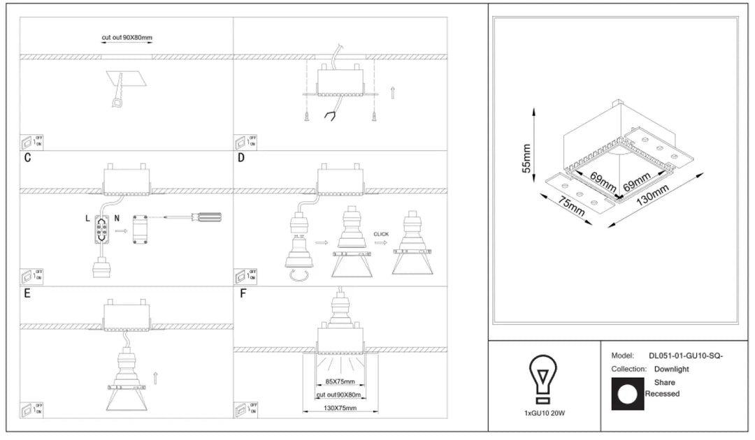 Spot share carré dl051-01-gu10-sq downlight encastré noir avec plaque de montage imprimée en 3d finition dorée acier doré