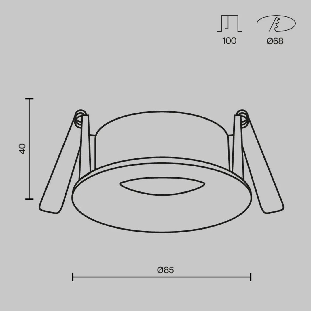 Spot encastré rond discret avec deux bras réglables et marquages dimensionnels pour éclairage général moderne