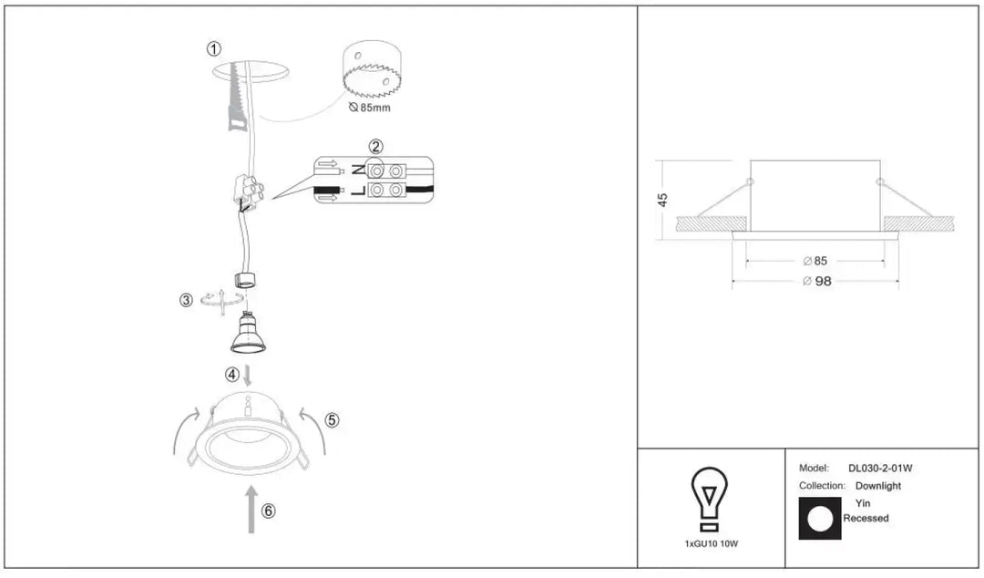 Downlight spot yin encastré dl030-2-01w avec design circulaire et finition noire pour ampoule gu10