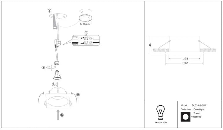 Recessed downlight spot encastré zoom modèle dl033-2-01w avec housse en acier noir carré étanche et bord blanc