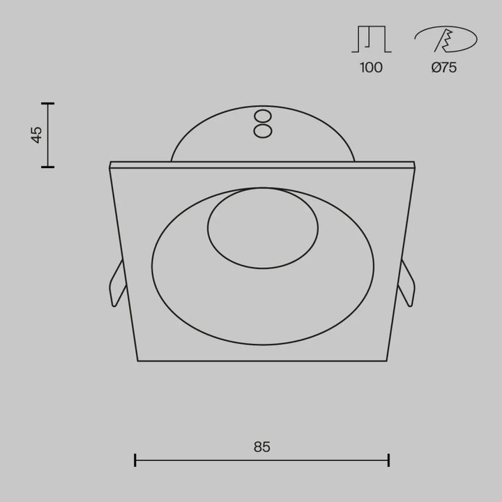 Spot encastré zoom carré étanche en acier noir avec design minimaliste et dimensions précises pour installation encastrée