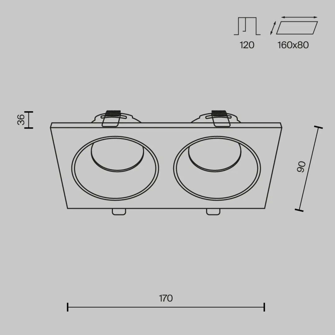 Rectangular dual-light recessed ceiling fixture spot zoom double with two circular openings and mounting brackets