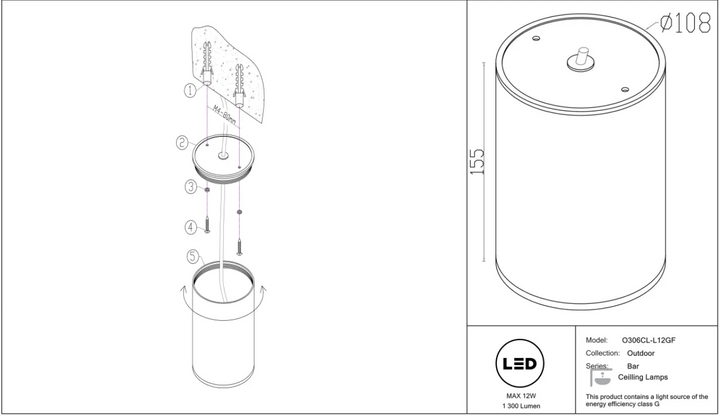 Spot extérieur cylindrique en métal graphite avec led protection ip65 modèle o306cl-l12gf pour luminaire extérieur bar