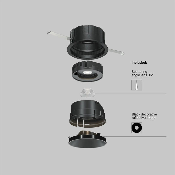 Spot led encastré noir orientable avec led intégrée et cadre décoratif réfléchissant avec lentille à angle diffusant