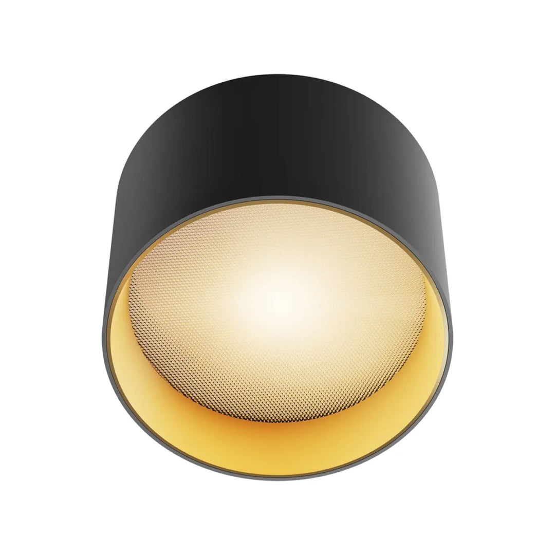 Spot vega led intégrée cylindre noir avec intérieur doré et diffuseur texturé pour plafond encastré