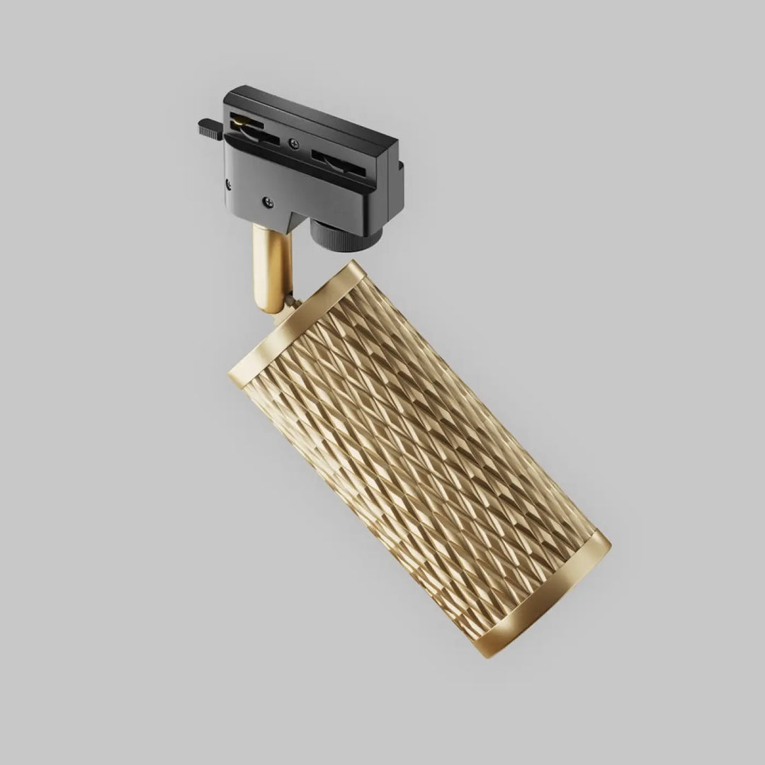 Spot orientable focus design couleur or avec tête texturée en forme de cylindre à motif diamant et support noir