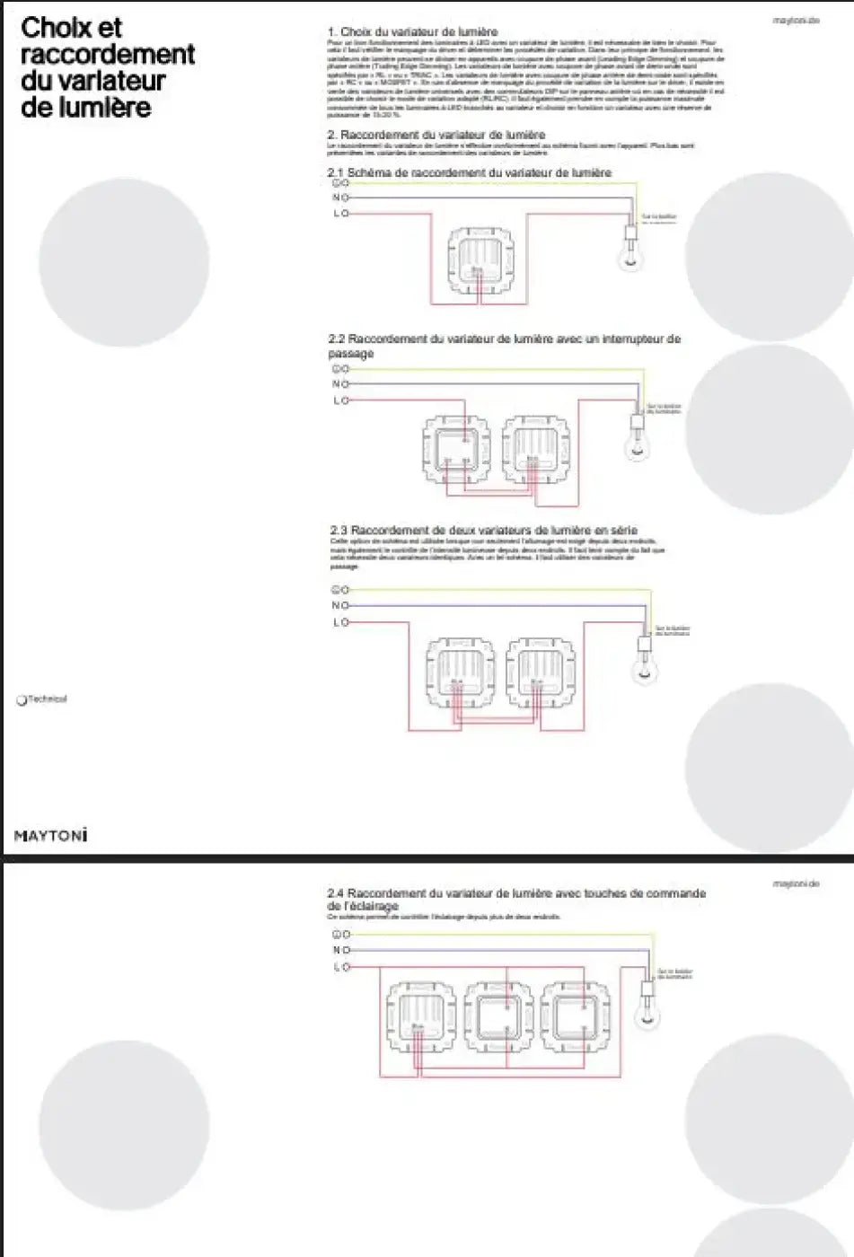 Diagramme technique illustrant les configurations de câblage pour spot focus led orientable version dimmable avec tête cylindrique